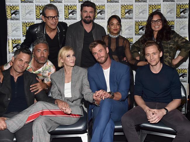 Happy family … (back) <ld pattern="."/>                        <ld pattern="."/>                        <ld pattern="."/>                        <ld pattern="."/>Jeff Goldblum, Karl Urban, Tessa Thompson, Rachel House, (front) Mark Ruffalo, director Taika Waititi, Cate Blanchett, Chris Hemsworth and Tom Hiddleston star in Thor: Ragnarok. Picture: Alberto E Rodriguez/Getty Images for Disney