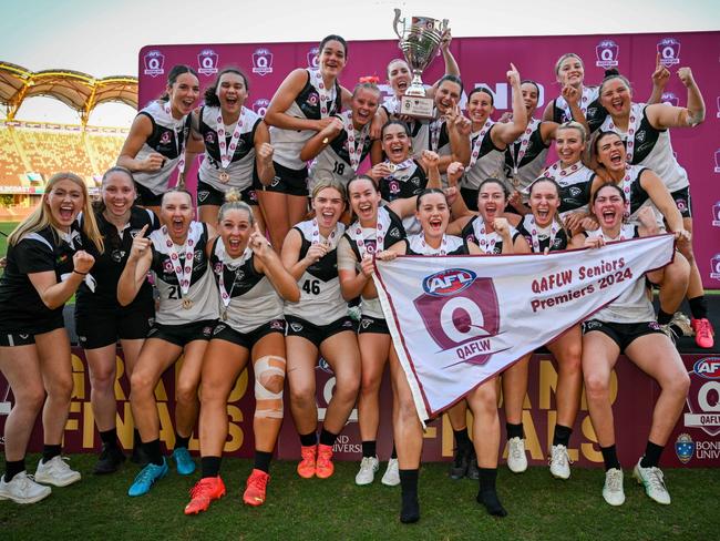 Southport Sharks win the 2024 Bond University QAFLW Seniors. Credit: Queensland AFL Media and Highflyer Images