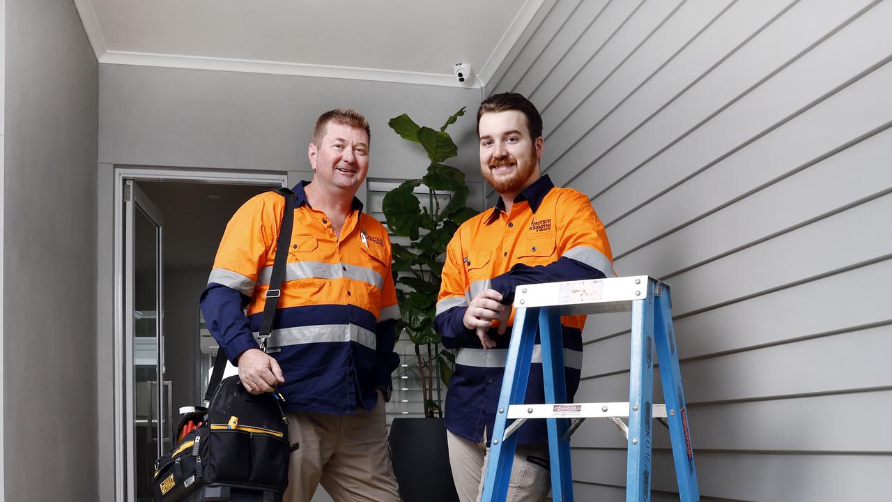 Pictured at a home in Glenbrook at the foot of the Blue Mountains in Sydney is Paul Knoke and Cain Scanlan from Protech Locksmiths and Security and have recently installed new CCTV at the home. Picture: Richard Dobson