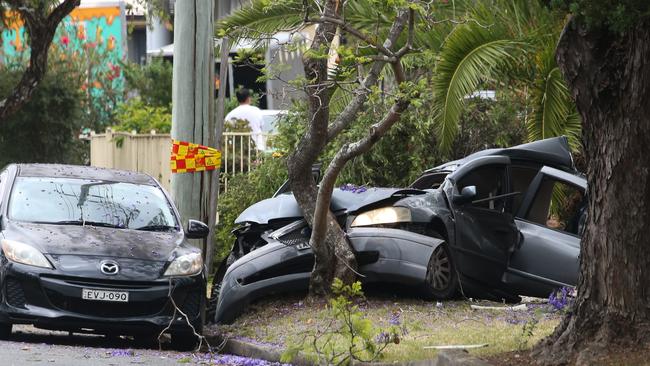 The front half of the car invloved in the crash in which two young boys were killed. Photo by: NCA Newswire /Gaye Gerard