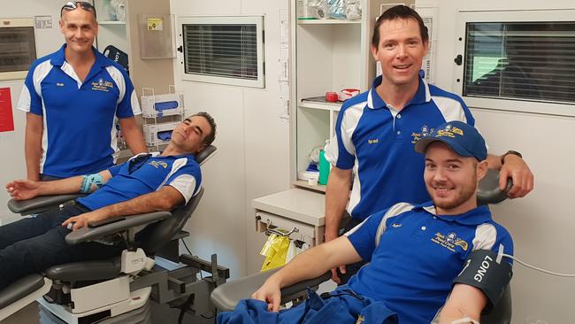 Jim's Pool Care Sydney East's Robert Sara (Randwick), Chris Stephandellis (Woollahra), franchisor Brad Papworth and Mark Turner (Hurstville) donate blood in Coogee.