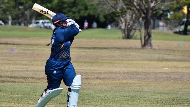 Kate Teichmann smacks a six for Gilroy Santa Maria at the NQ Secondary Schools Challenge in Townsville, August 21 2023. Picture: Antony Stewart.