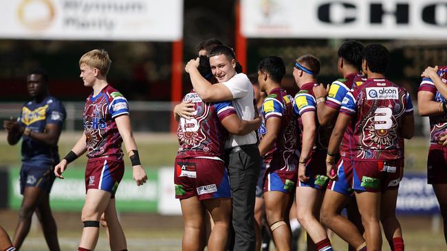 Wavell SHS celebrating their win over Mabel Park SHS at Manly West in the Allan Langer Cup, Brisbane 9th August 2023. (Image/Josh Woning)