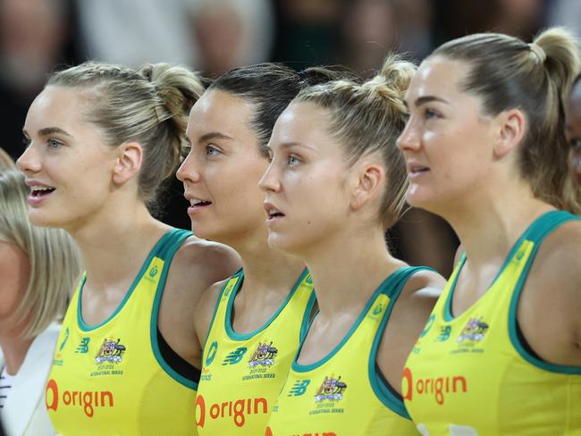 AUCKLAND, NEW ZEALAND - OCTOBER 12: Ruby Bakewell-Doran of the Australian Diamonds (C) sings the anthem during the Constellation Cup netball match between New Zealand and Australia at Spark Arena on October 12, 2022 in Auckland, New Zealand. (Photo by Phil Walter/Getty Images)