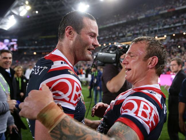 Roosters Boyd Cordner and Jake Friend celebrate winning the Grand Final at full time after the 2018 NRL Grand Final between the Sydney Roosters and Melbourne Storm at ANZ Stadium, Sydney. Picture: Brett Costello