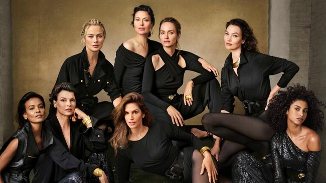 The revived Donna Karan NYFW24 campaign features, front row, from left, Liya Kebede, Linda Evangelista, Cindy Crawford, Imaan Hammam and, back row, from left, Carolyn Murphy, Shalom Harlow, Amber Valletta and Karlie Kloss. Picture: Annie Leibovitz