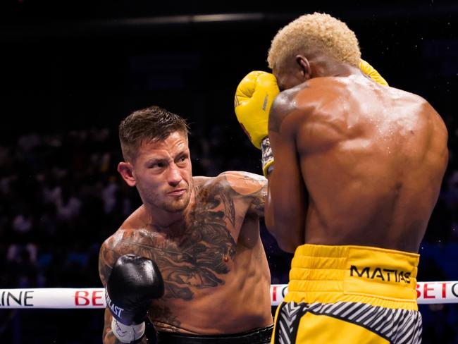 June 15, 2024; Manati, Puerto Rico, USA; Subriel Matias and Liam Paro during their fight at Coliseo Juan Aubn Cruz Abreu in Manati, Puerto Rico. Mandatory Credit: (Photo by Amanda Westcott/Matchroom.)