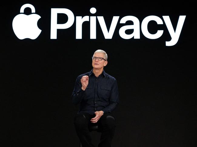 This handout image obtained June 7, 2021 courtesy of Apple Inc. shows Apple CEO Tim Cook previews powerful new privacy protections at Apple's Worldwide Developers Conference at Apple Park in Cupertino, California. - Apple kicked off its digital-only annual Worldwide Developer Conference on Monday where it unveiled the iOS 15, iPadOS 15, macOS 12 and watchOS 8. (Photo by Brooks Kraft / Apple Inc. / AFP) / RESTRICTED TO EDITORIAL USE - MANDATORY CREDIT "AFP PHOTO /APPLE INC./HANDOUT " - NO MARKETING - NO ADVERTISING CAMPAIGNS - DISTRIBUTED AS A SERVICE TO CLIENTS