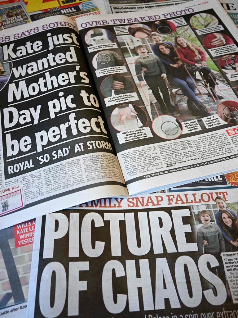 Britain's national newspapers, about the altered photo. Picture: AFP