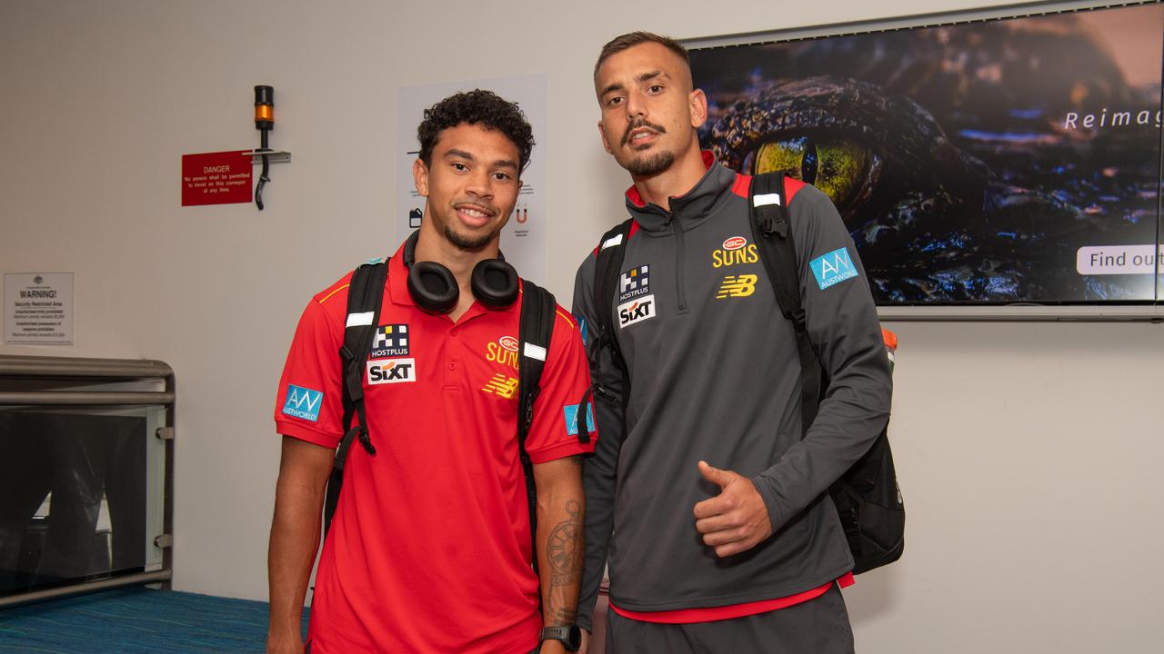 Malcolm Rosas and Joel Jeffrey as the Gold Coast Suns land in Darwin for their AFL double header. Picture: Pema Tamang Pakhrin