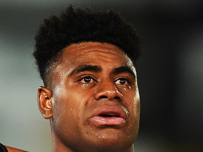 Rugby League World Cup RLWC opening round match between Fiji Bati v USA Hawks from 1300 Smiles Stadium, Townsville.   Fiji captain Kevin Naiqama sings the Fijian anthem before the match with team mate Ashton Sims. Picture: Zak Simmonds