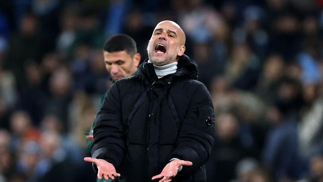 Manchester City coach Pep Guardiola shows his frustration on the sideline. Picture: Carl Recine/Getty Images