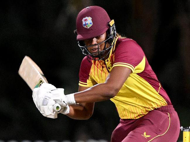 BRISBANE, AUSTRALIA - OCTOBER 05: Hayley Matthews of the West Indies plays a shot during game three of the T20 international series between Australia and the West Indies at Allan Border Field on October 05, 2023 in Brisbane, Australia. (Photo by Bradley Kanaris/Getty Images)