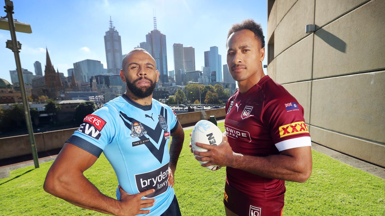 Storm stars Josh Addo-Carr (Blues) and Felise Kaufusi (Maroons) in Melbourne. Picture: Alex Coppel.