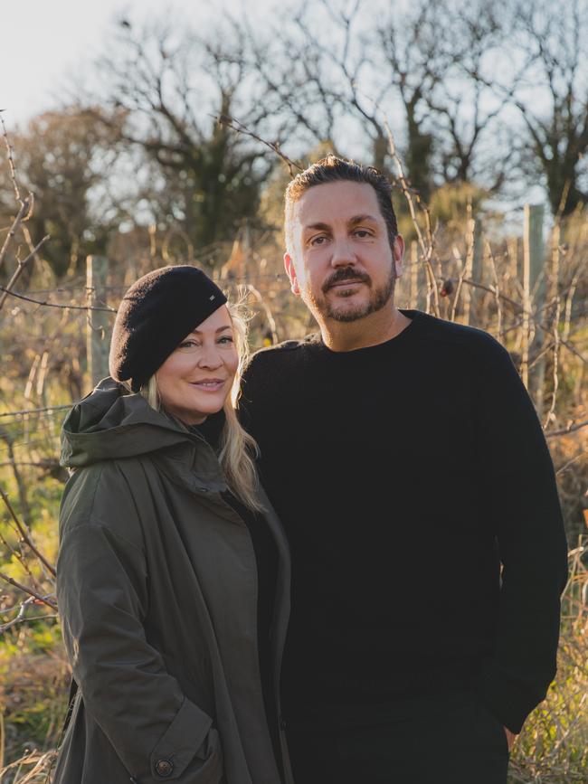 Writer Annie Conley and her husband, James Hird, at their Umbrian vineyard, discovered after a long and laborious search. Picture: Nikki To.