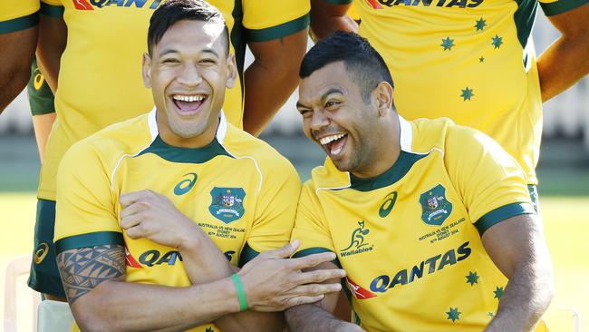 In happier times Kurtley Beale and Israel Folau share a laugh.