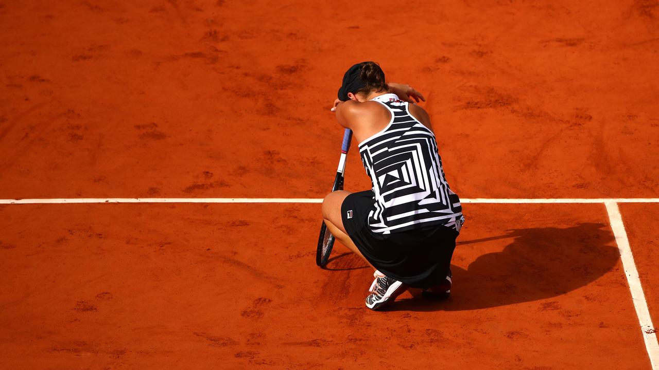 Ashleigh Barty can’t believe it after securing victory against Marketa Vondrousova. (Photo by Julian Finney/Getty Images)