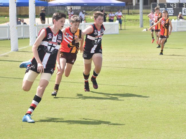 Cooper Frost in the North Mackay Saints v Mackay Swarks u14 AFL grand final at Magpies Sporting Club, Mackay, September 11, 2021. Picture: Matthew Forrest