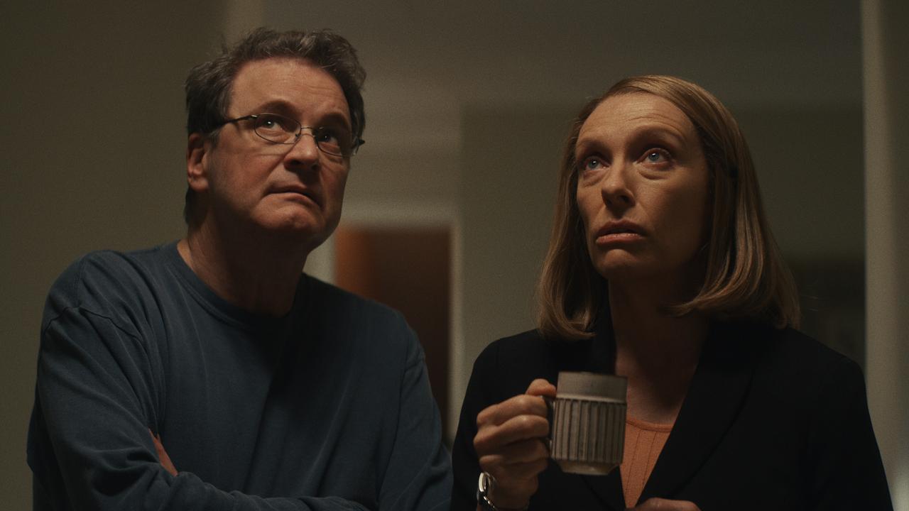 Colin Firth and Toni Collette in a Scene from the Binge crime drama The Staircase.