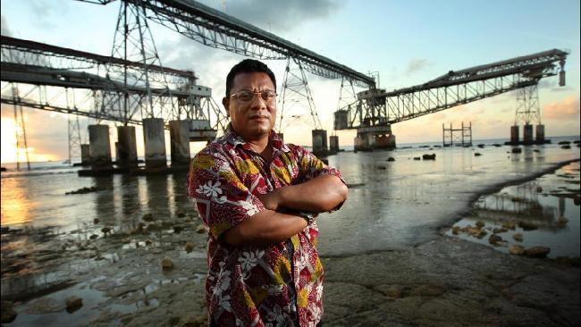 Nauru's President, Marcus Stephen, at the island's port, where phosphate is loaded on ships for export. Picture: Lyndon Mechielsen