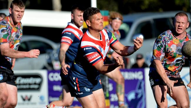 Nambucca's Tyreece Sines. Sawtell Panthers v Nambucca Heads Roosters, Group 2 Rugby League Round 13 at Rex Hardaker Oval. 28 July 2024. Picture: Leigh Jensen.