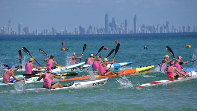 The open men's single ski race at the Oceans 38 in Kirra with a spectacular backdrop. Picture: Joel Kinneally