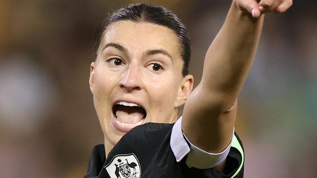 NEWCASTLE, AUSTRALIA - APRIL 07: Steph Catley of Australia reacts during the International Friendly match between Australia Matildas and Korea Republic at McDonald Jones Stadium on April 07, 2025 in Newcastle, Australia. (Photo by Cameron Spencer/Getty Images)