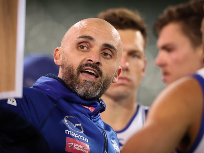 ADELAIDE, AUSTRALIA - AUGUST 09: Rhyce Shaw, Senior Coach of the Kangaroos during the 2020 AFL Round 11 match between the Melbourne Demons and the North Melbourne Kangaroos at Adelaide Oval on August 09, 2020 in Adelaide, Australia. (Photo by Matt Turner/AFL Photos)