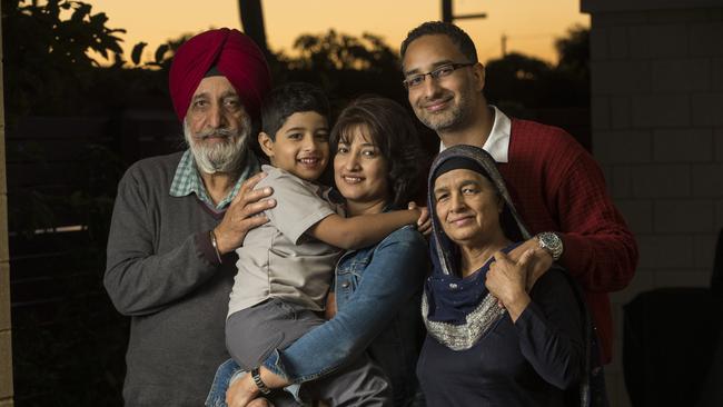 Pictured are Kashmir Singh (Father), Akshar Dhir (Nephew, 5 yrs), Dr Parwinder Kaur (sister), Hardeep Singh, Jarnail Kaur (mother) at home in Queens Park, Perth.Photo Ross Swanborough. 090519