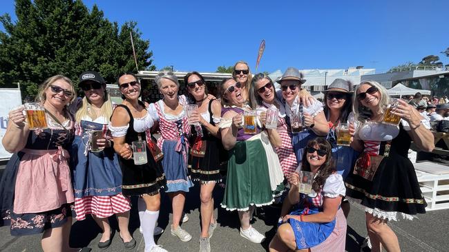 Lisa Button, Missy Parry, Angela Robinson, Jenny, Alysha, Briony, and Joelle at the 2024 Yarra Valley Oktoberfest. Picture: Himangi Singh.