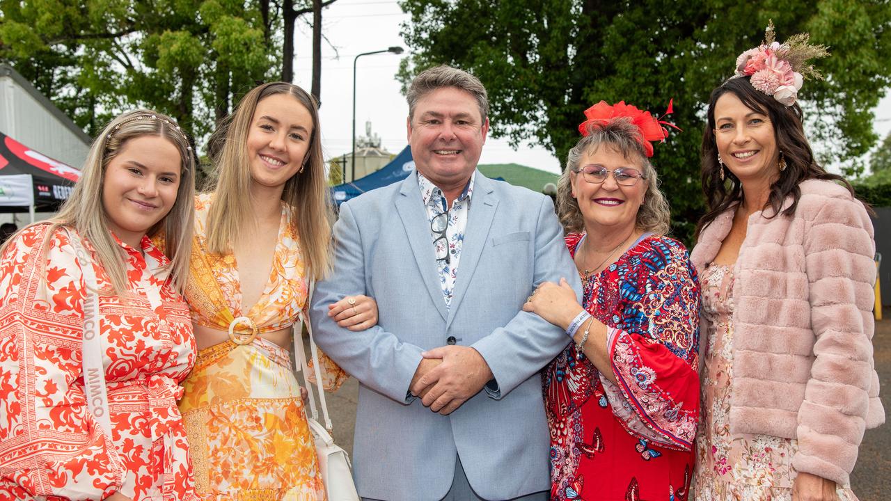 Clio Patchett (left) with Holly Moore, Shayne Moore, Leah Moore and Simone Potter. IEquine Toowoomba Weetwood Raceday - Clifford Park Saturday September 28, 2024 Picture: Bev Lacey