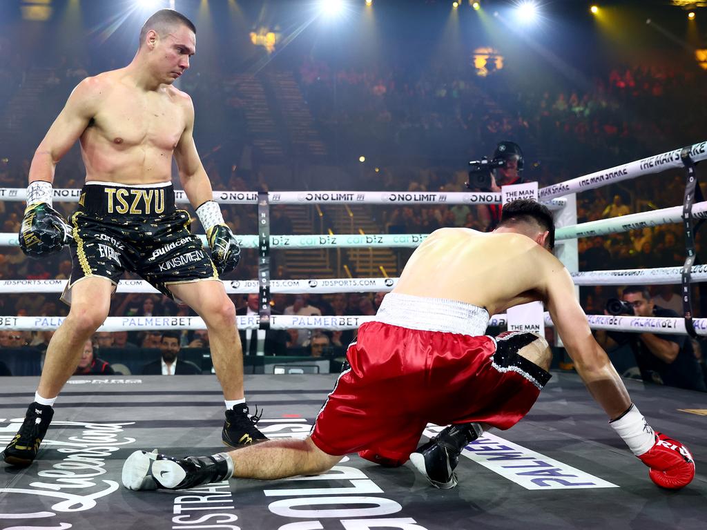 Carlos Ocampo falls to the ground after being punched by Tim Tszyu during the WBO Iterim Super-Welterwight title bout on June 18, 2023. Picture: Getty Images