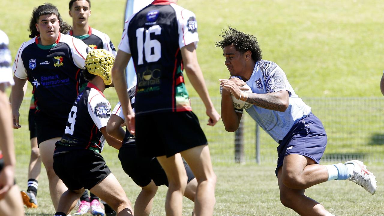 Soul Tuiletufuga for NSW Indigenous. U16 Boys Mediterranean v NSW Indigenous. before their game. Harmony Nines Rugby League. Picture: John Appleyard