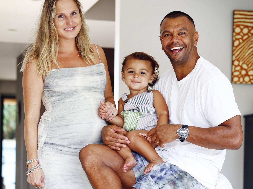 Kurtley Beale pictured at his home in eastern Sydney with his son KJ and wife Madi. Picture: Sam Ruttyn