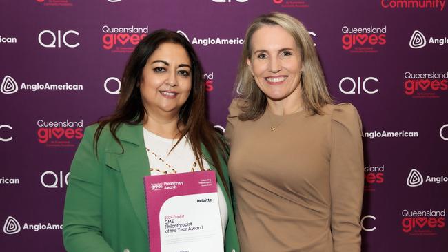 2024 Queensland SME Philanthropist of the Year Shweta Khan and Queensland Gives CEO Tara Castle. Picture: Facebook/Queensland Gives