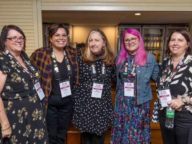 Sue Ellen Pashley, AK Mulford, Nancy Cunningham, Sharyn Swanepoel and Cassie Laelyn. Romance Writers of Australia Pictured on 15th August 2024. Picture: Ben Clark