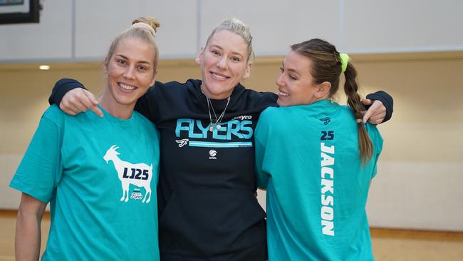 Lauren Jackson with Southside Flyers teammates Abby Bishop and Sara Blicavs ahead of her return to the WNBL against Adelaide on Saturday night