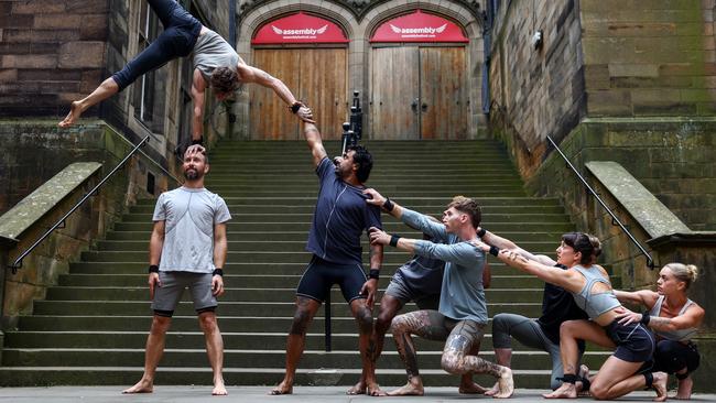 Acrobatic troupe Gravity &amp; Other Myths outside the Assembly Hall in Edinburgh, where their show Ten Thousand Hours is part of the Edinburgh Fringe Festival. Picture: Getty Images