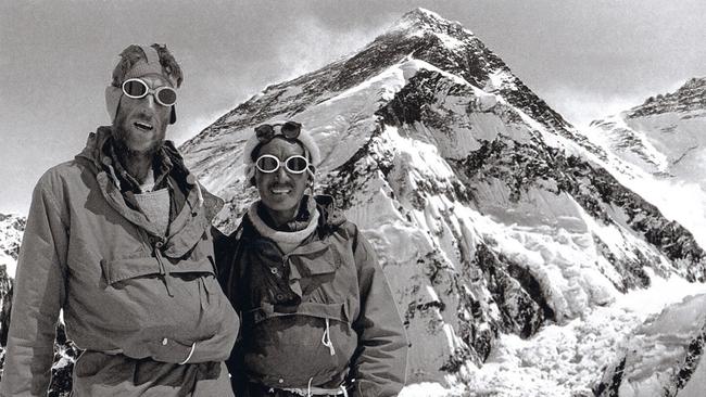 Sir Edmund Hillary with Sherpa guide Tenzing Norgay in front of Mount Everest, Nepal. Researchers trained geese to fly in a tunnel to replicate the air over Everest. Picture: News Corp