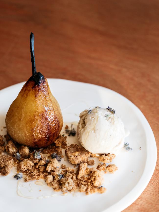 The red gum fired pear with lavender and iron bark honey.