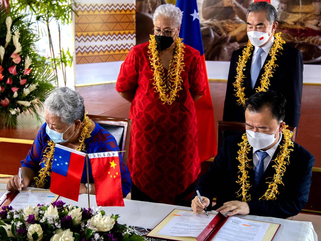 Samoa Prime Minister Fiame Naomi Mataafa played down the importance of bilateral deals signed with China during a visit by the country’s Foreign Minister Wang Yi. (Photo by Vaitogi Asuisui Matafeo / Samoa Observer / AFP)