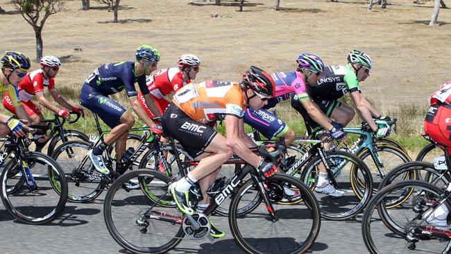 Cadel Evans on his way to retaining the ochre jersey after stage four. Picture: Sarah Reed