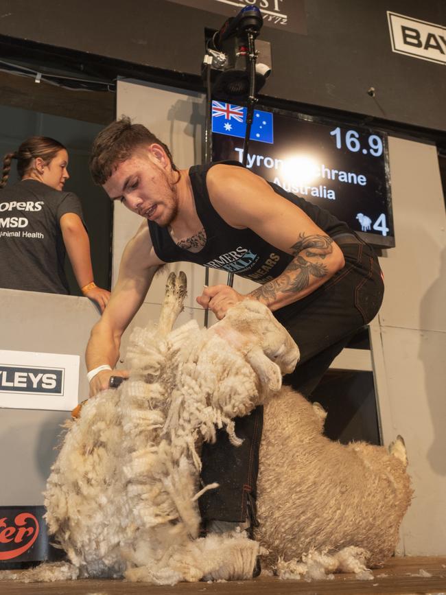 Tyron Cochrane, 18, from Goodooga, north-west New South Wales, shearing to his history-making Golden Shears junior win at Masterton, New Zealand.