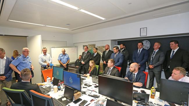 WA Premier Mark McGowan addresses the police inside the police station. Picture: The West Australian