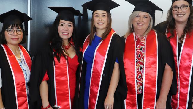 The graduates, Nurul Williams, Nerissa Muscat, Satsuko Smith, Susan Jacobs and Kate Duffin at the 2023 TAFE Queensland Bundaberg ceremony.