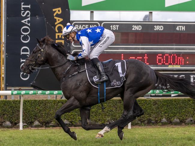 Stephanie Thornton rides The Odyssey to victory in race 7, the QTIS Jewel 3YO, during the QTIS Jewel Raceday at Aquis Park on the Gold Coast, Saturday, March 14, 2020. (AAP Image/Glenn Hunt)