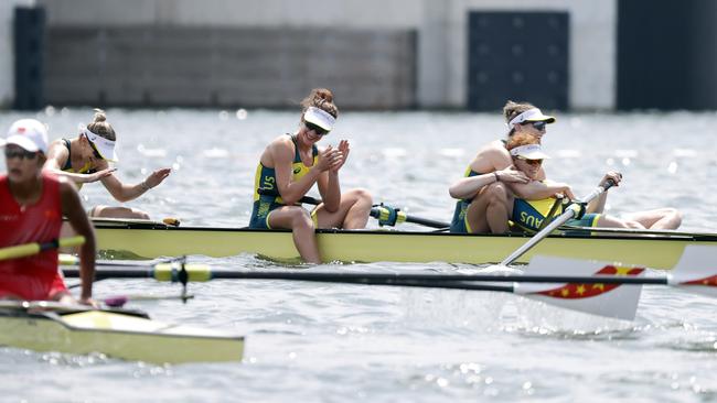 Lucy Stephan, Rosemary Popa, Jessica Morrison and Annabelle McIntyre win gold in the final of the Womens Four. Picture: Alex Coppel