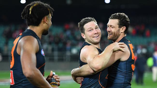 GWS celebrated but could be without Toby Greene for its next match. (Photo by Steve Bell/AFL Photos/via Getty Images)