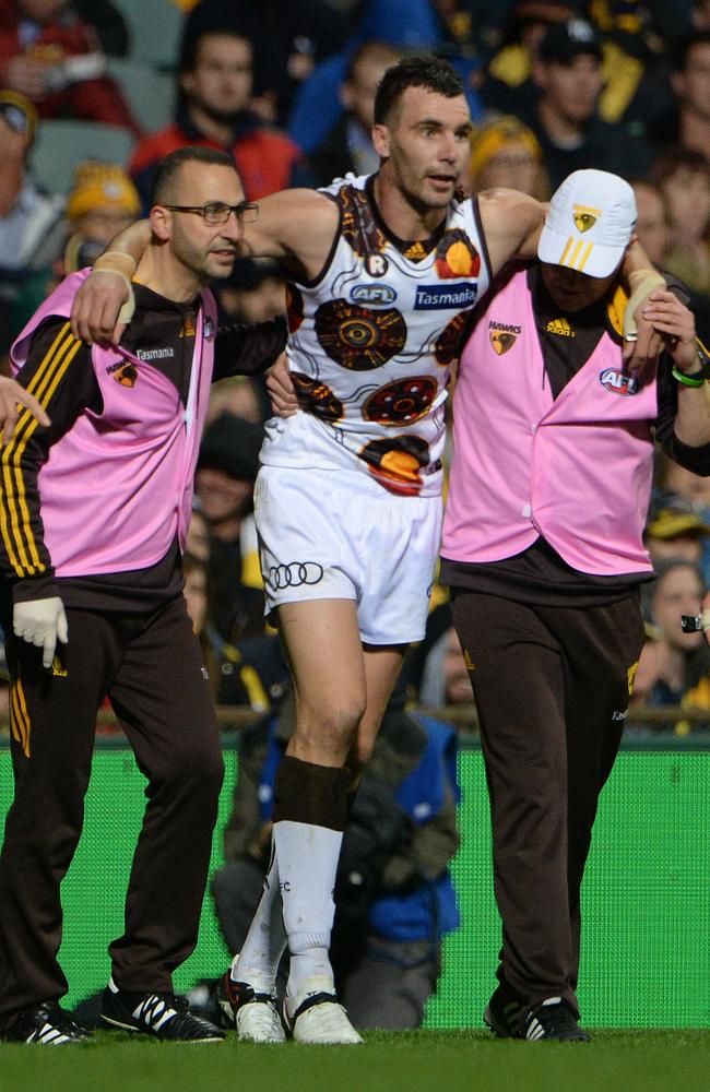 Jonathon Ceglar is carried off the ground with a suspected ACL injury. Picture: Daniel Wilkins