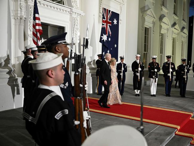 Joe Biden and Jill Biden walk to greet Anthony Albanese and Jodie Haydon. Picture: AFP